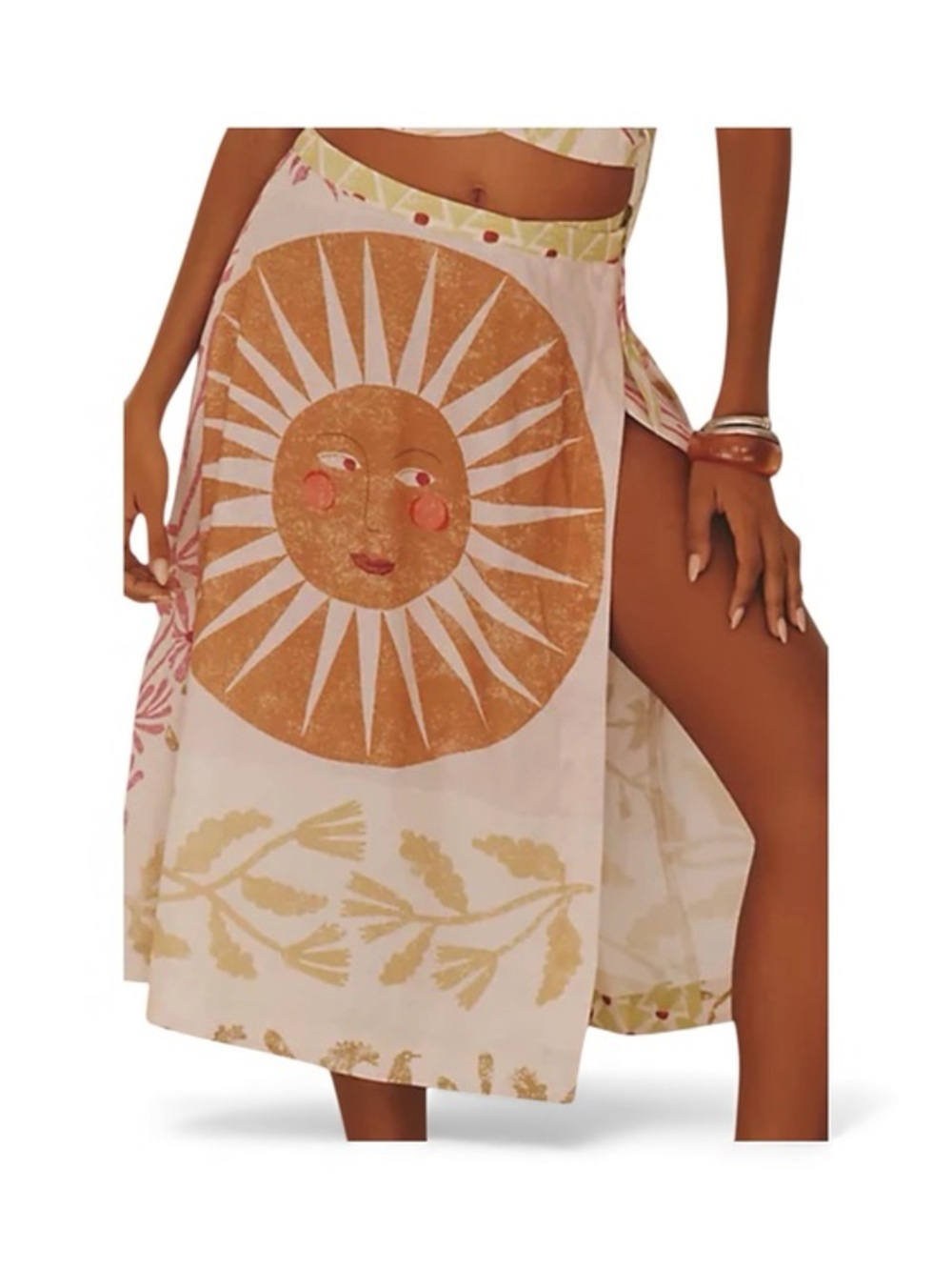 Anthropologie White Wrap Skirt with Mustard Sun Motif Size L